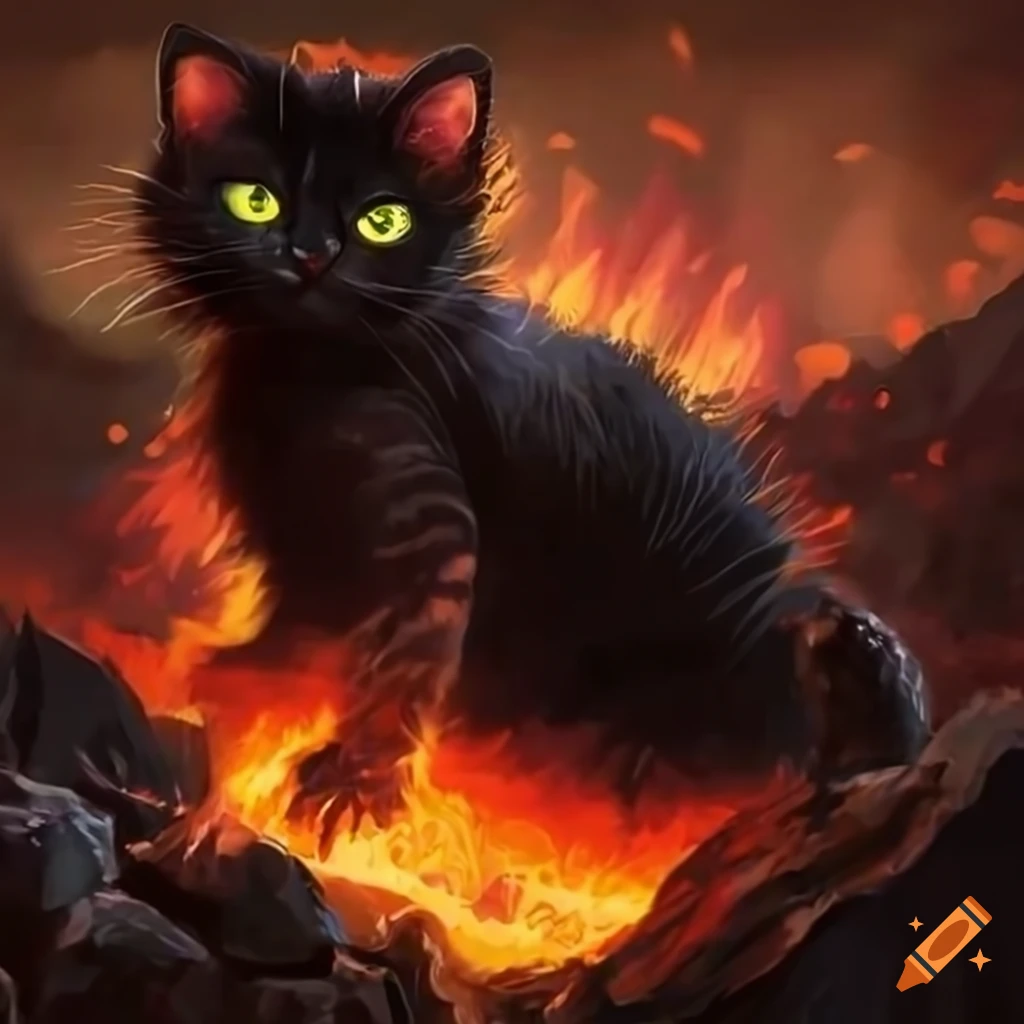 art of a black fire cat in a volcanic area