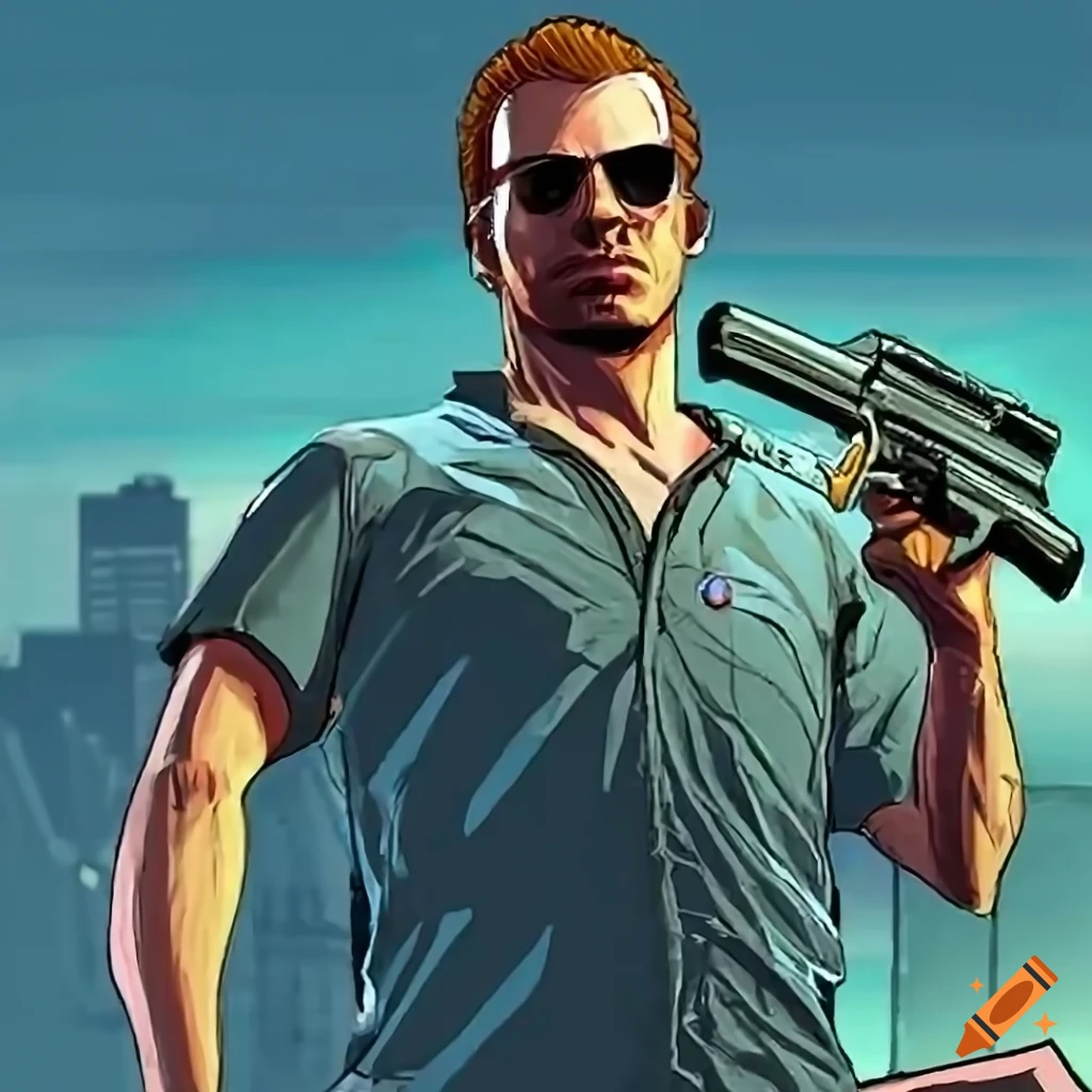 Game character from gta holding a revolver, standing next to a fast car ...