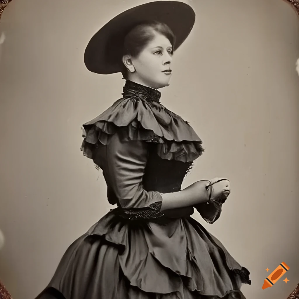 Vintage black and white photograph of a woman in a victorian-era black  ruffle dress on Craiyon
