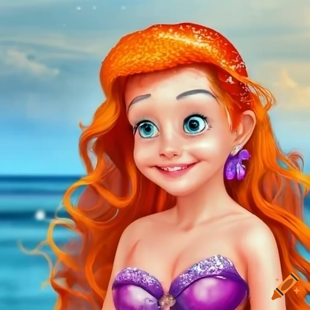 Portrait of a smiling little mermaid with orange hair on the beach on ...
