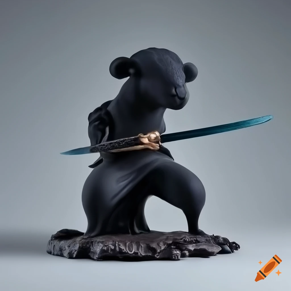 detailed black sheep figurine of a blind swordsman