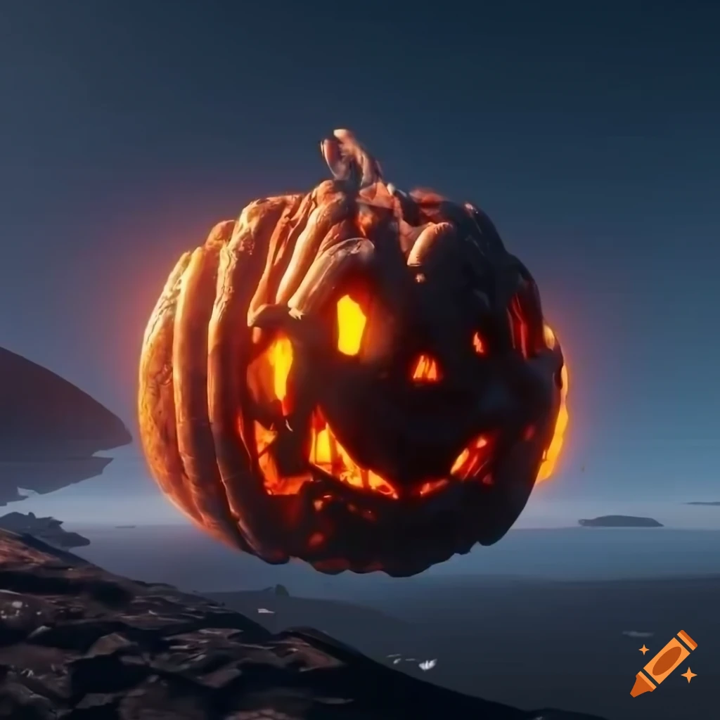 3D spaceship made of pumpkin parts orbiting a lava planet