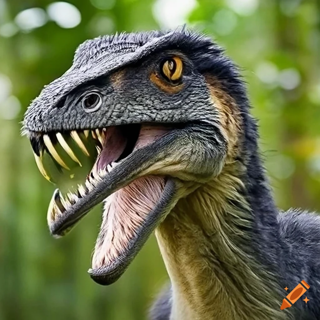 digital art of a Velociraptor and fox hybrid roaring in a forest