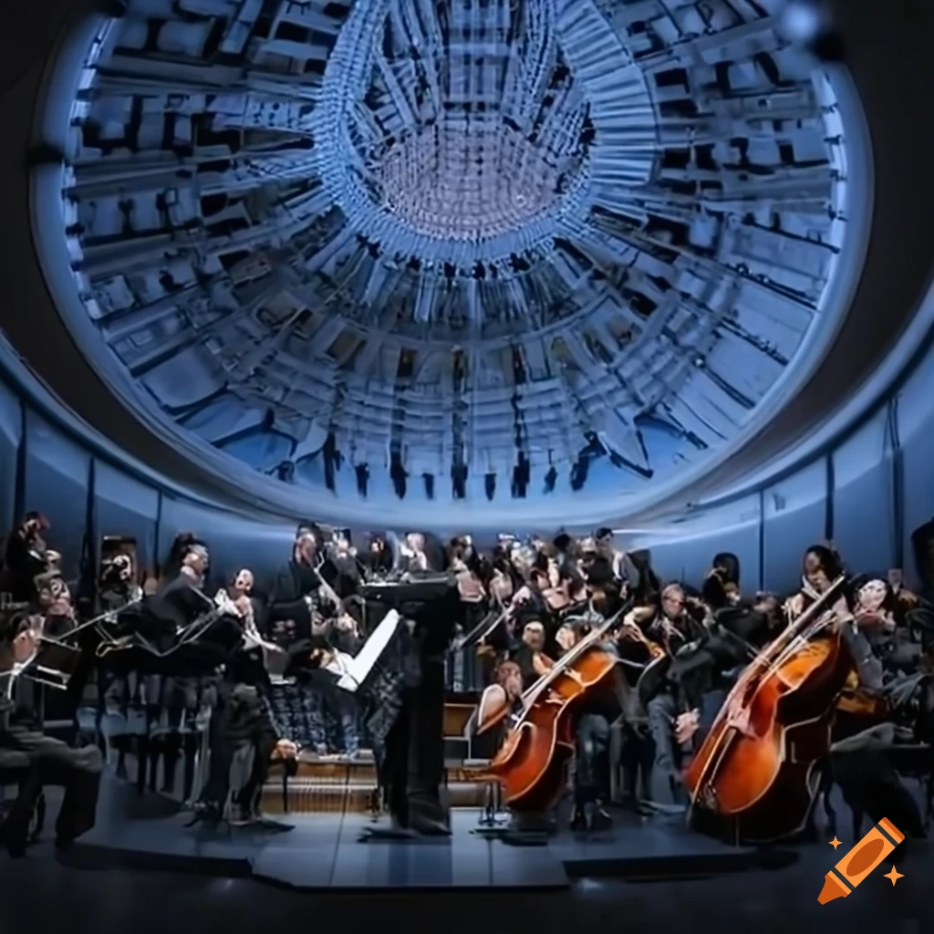 futuristic concert hall with orchestra performing