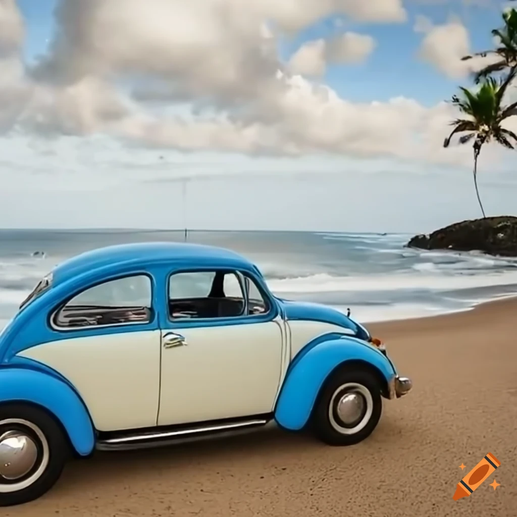 Volkswagen beetle at the beach with waves and palm trees on Craiyon