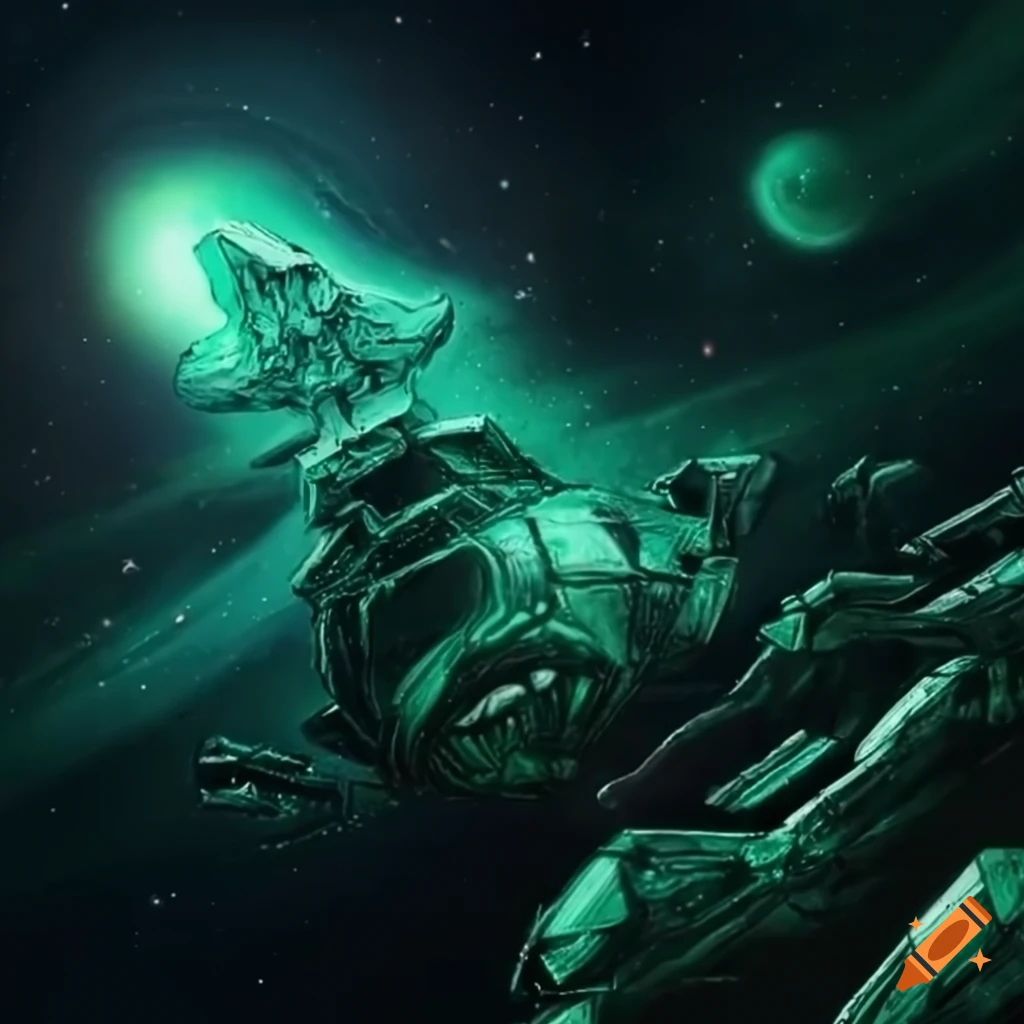 dark green crystal spaceship fighting in space