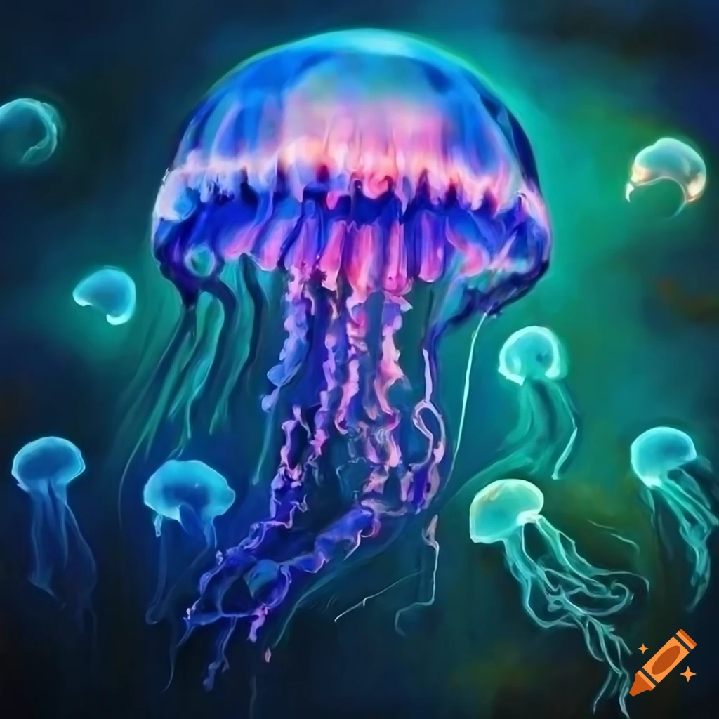 Panoramic Oil Painting Of Glowing Jellyfish panoramic-oil-painting-of-glowing-jellyfish