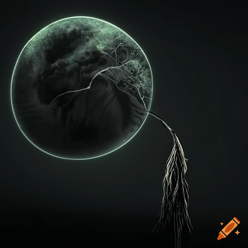 black tree standing in a grassy field at night