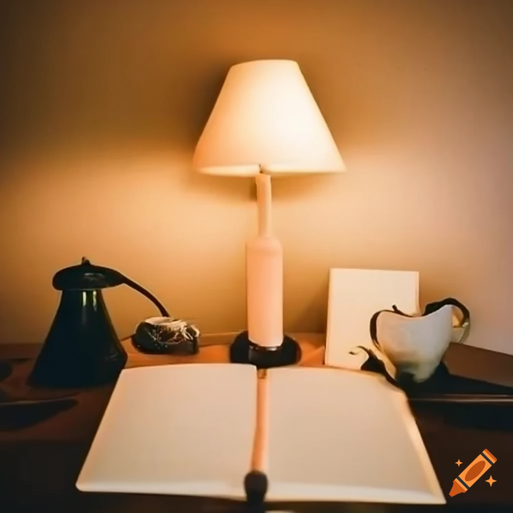 cozy desk setup with pastel diary, lamp, and mug