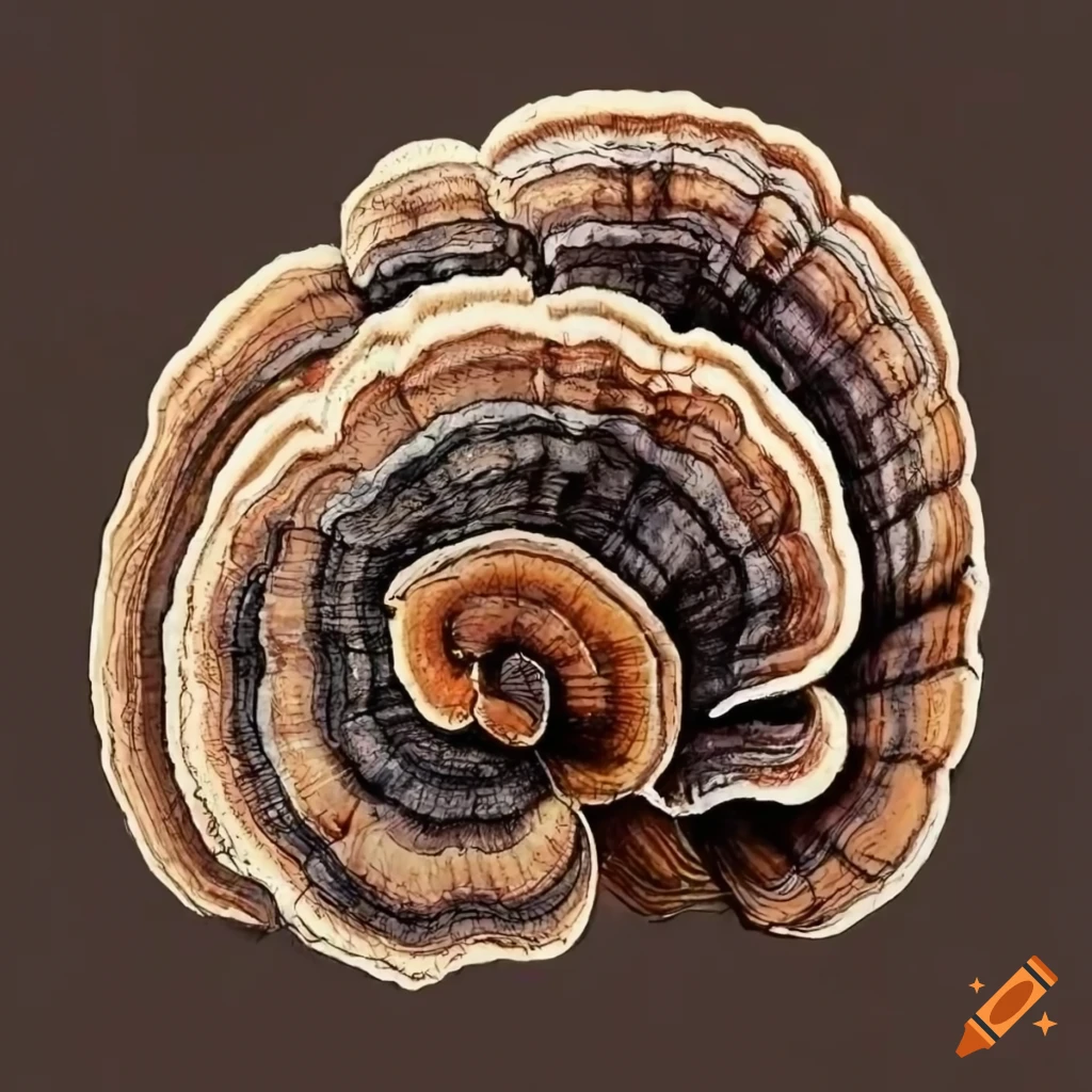 vintage illustration of turkey tail mushroom anatomy