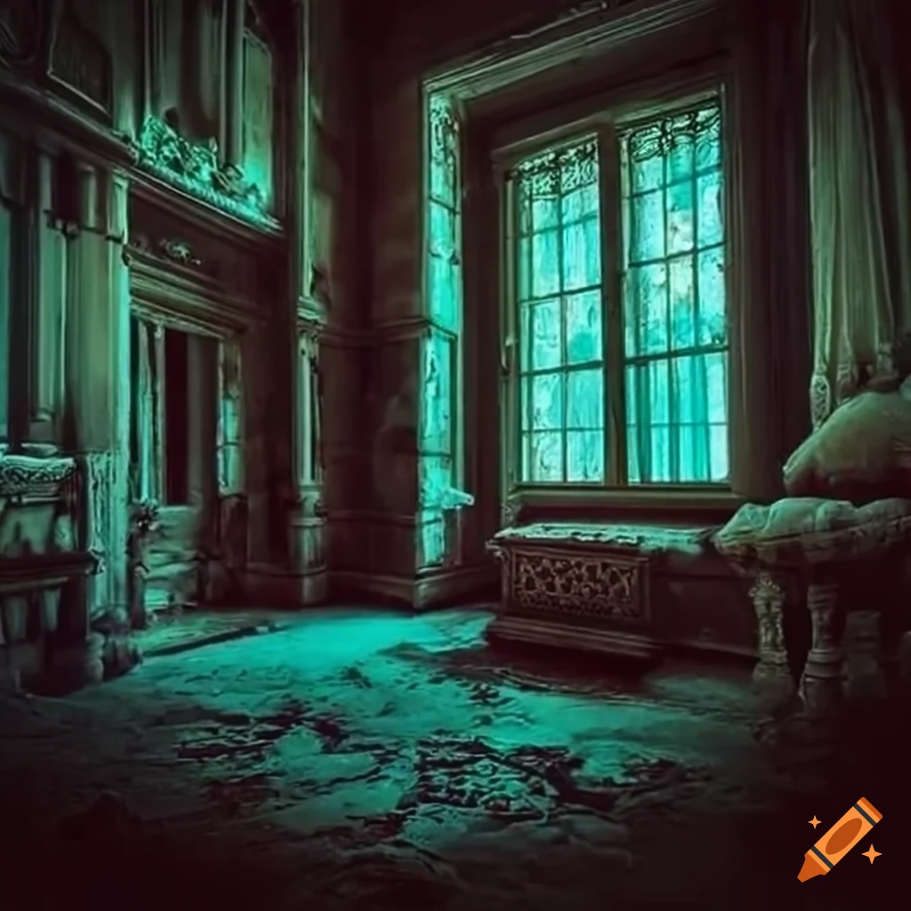 Eerie interior of a haunted mansion