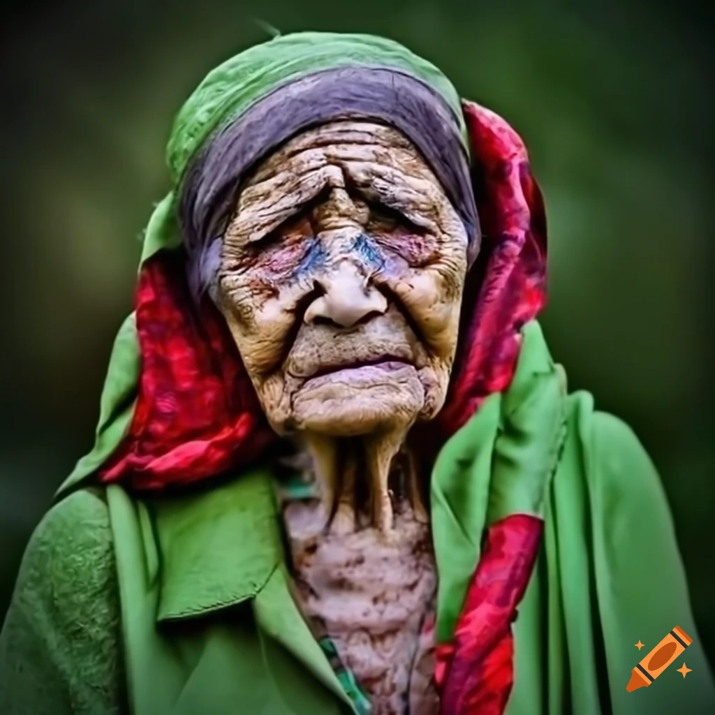 portrait of a crying elderly woman with green, black, and red triangle pattern