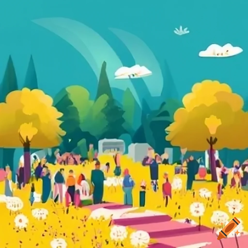 community event in a cemetery with trees and wildflowers