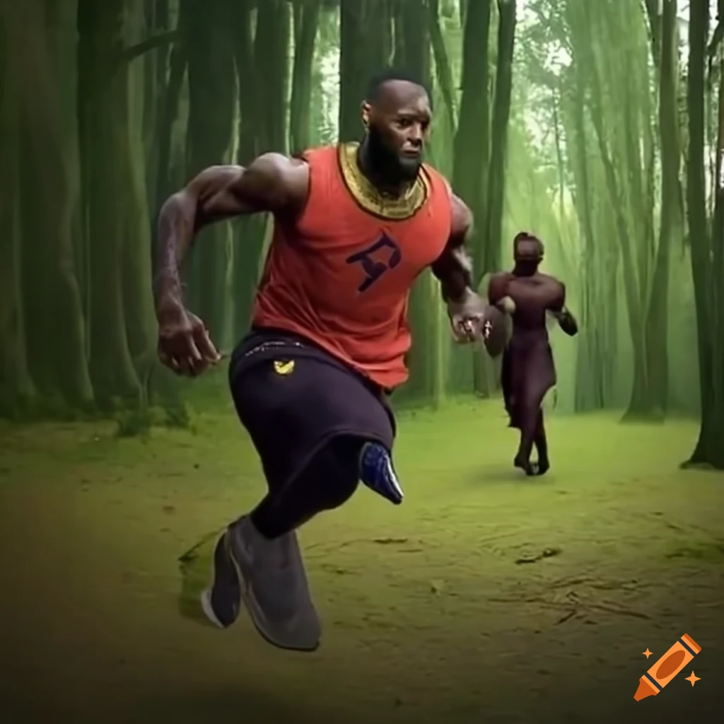 Funny Image Of LeBron James Being Chased By Shrek In A Forest On Craiyon