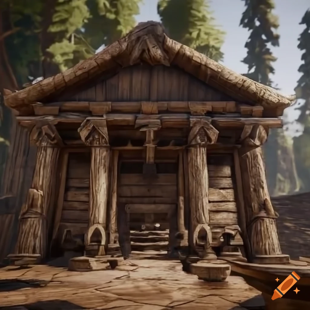 Image of a wooden temple in a pine forest on Craiyon