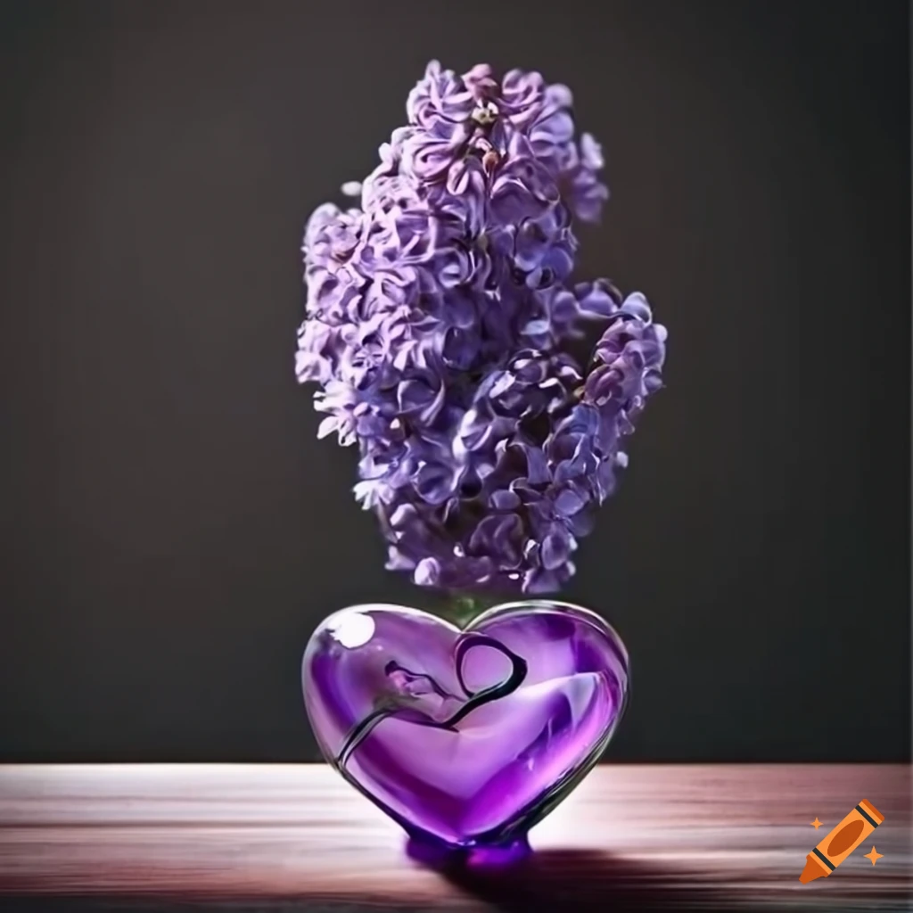 simple design of lilac flowers in a heart-shaped glass vase