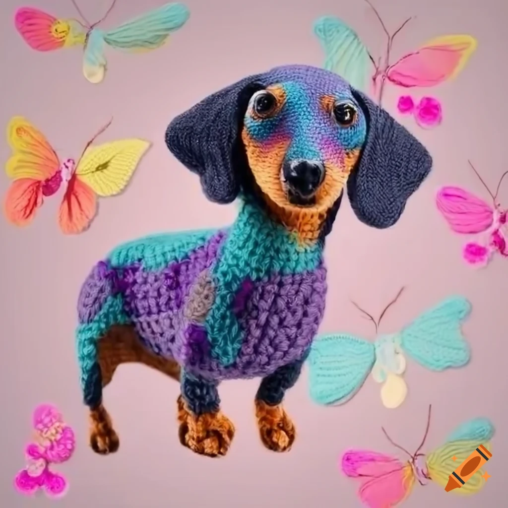 perro salchicha tejido a crochet jugando con un obillo de lana y mariposas