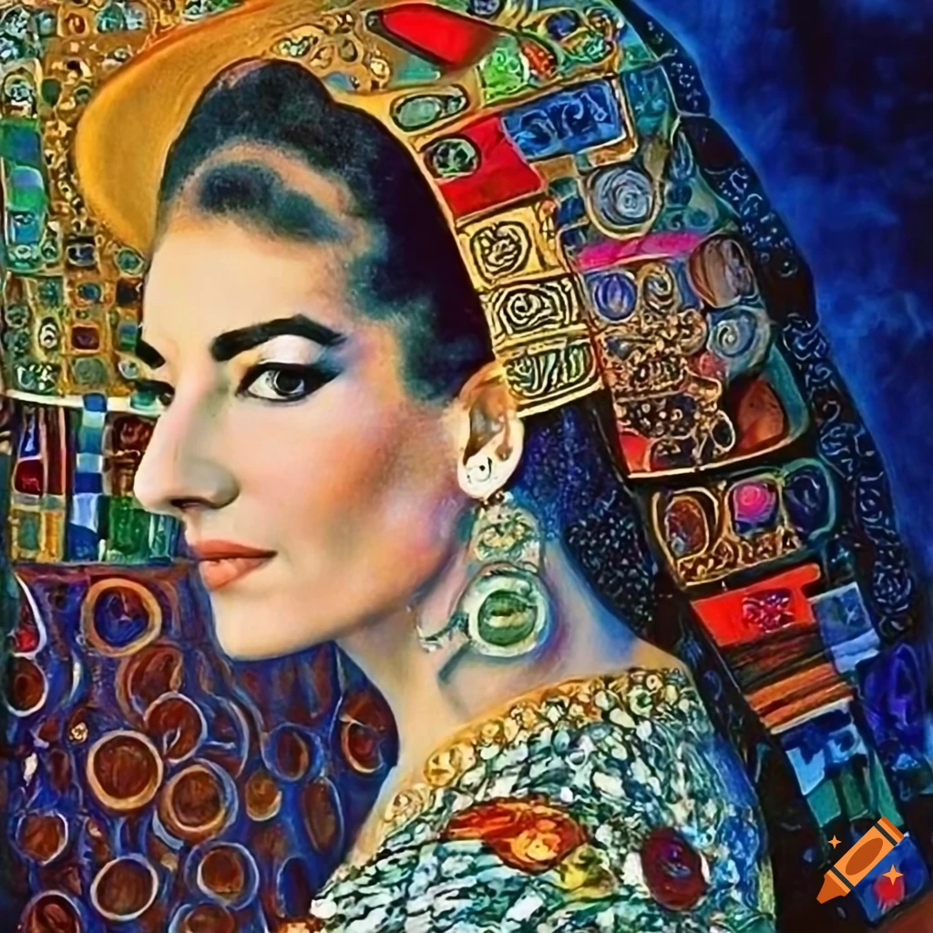 vibrant portrait of Maria Callas inspired by Gustav Klimt