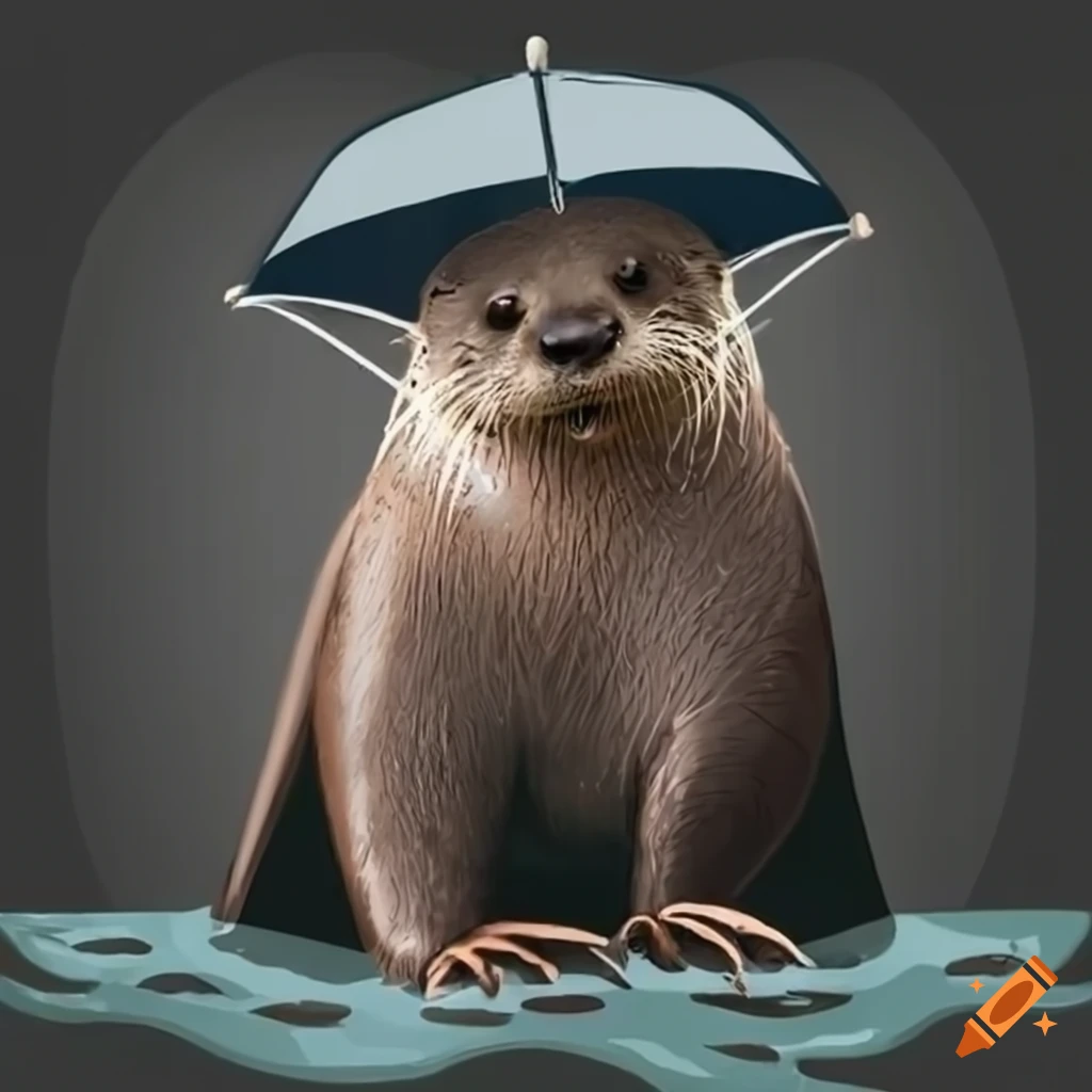 adorable otter with an umbrella in the rain