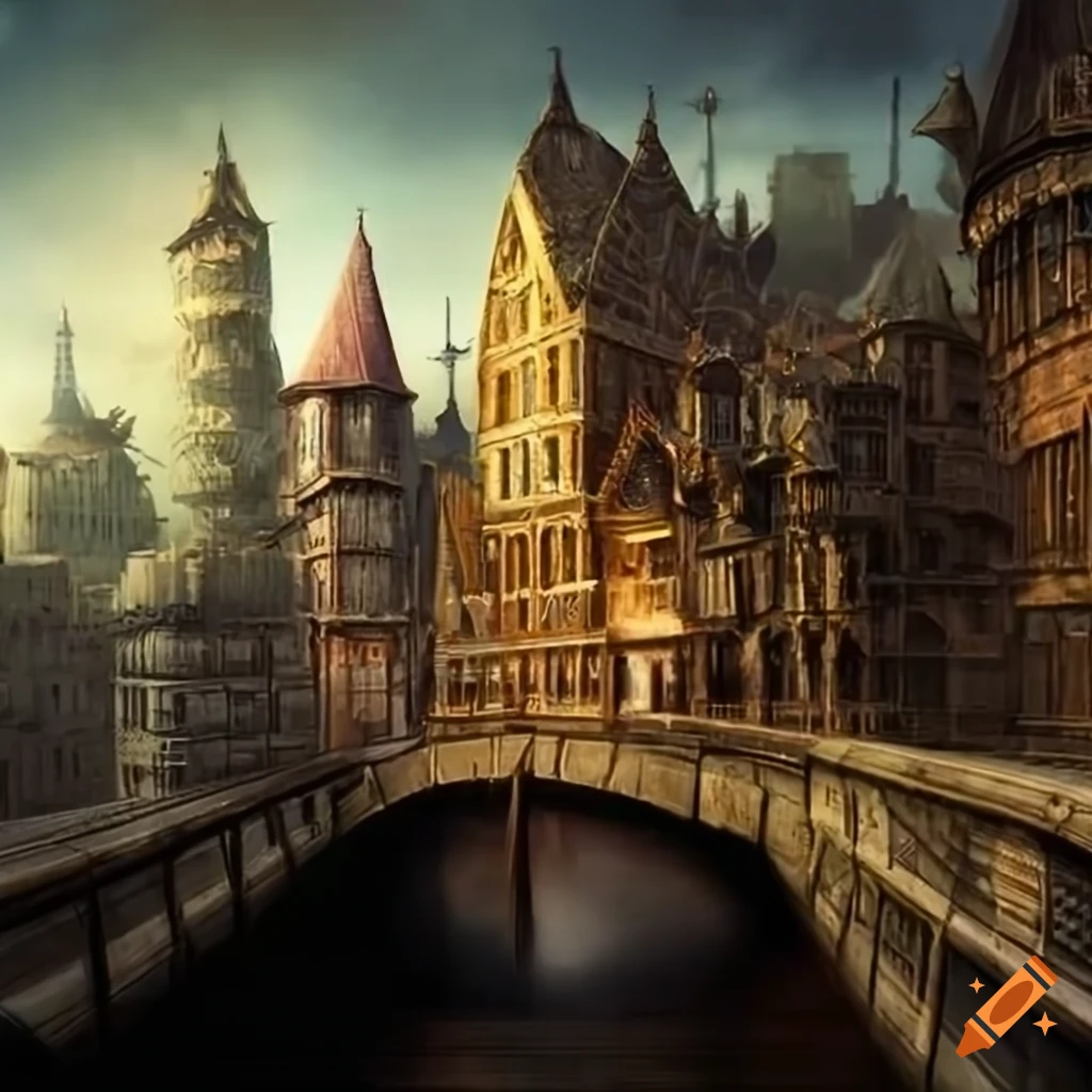 steampunk fantasy city with canals and domed buildings
