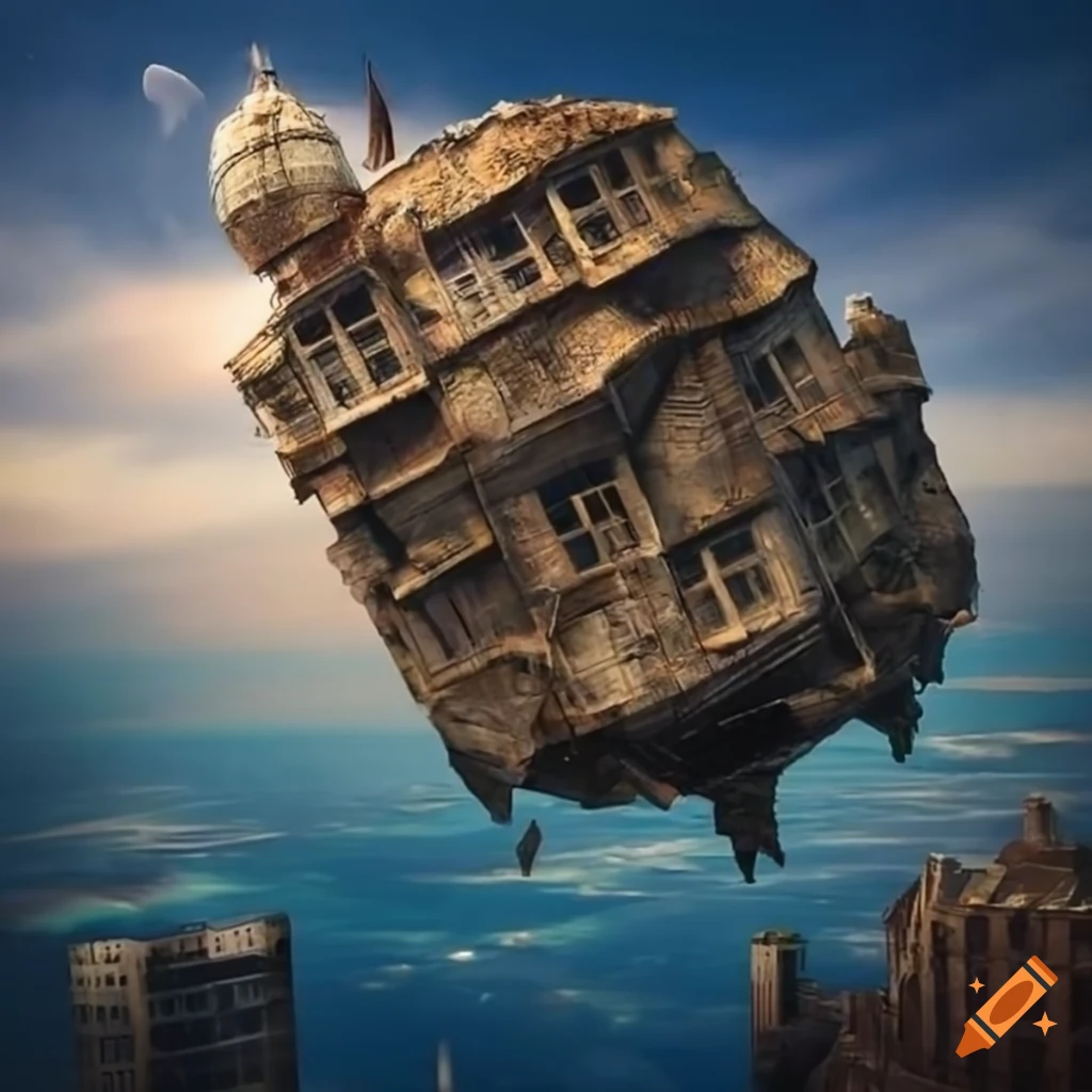 Steampunk city with a floating rock and airship on Craiyon