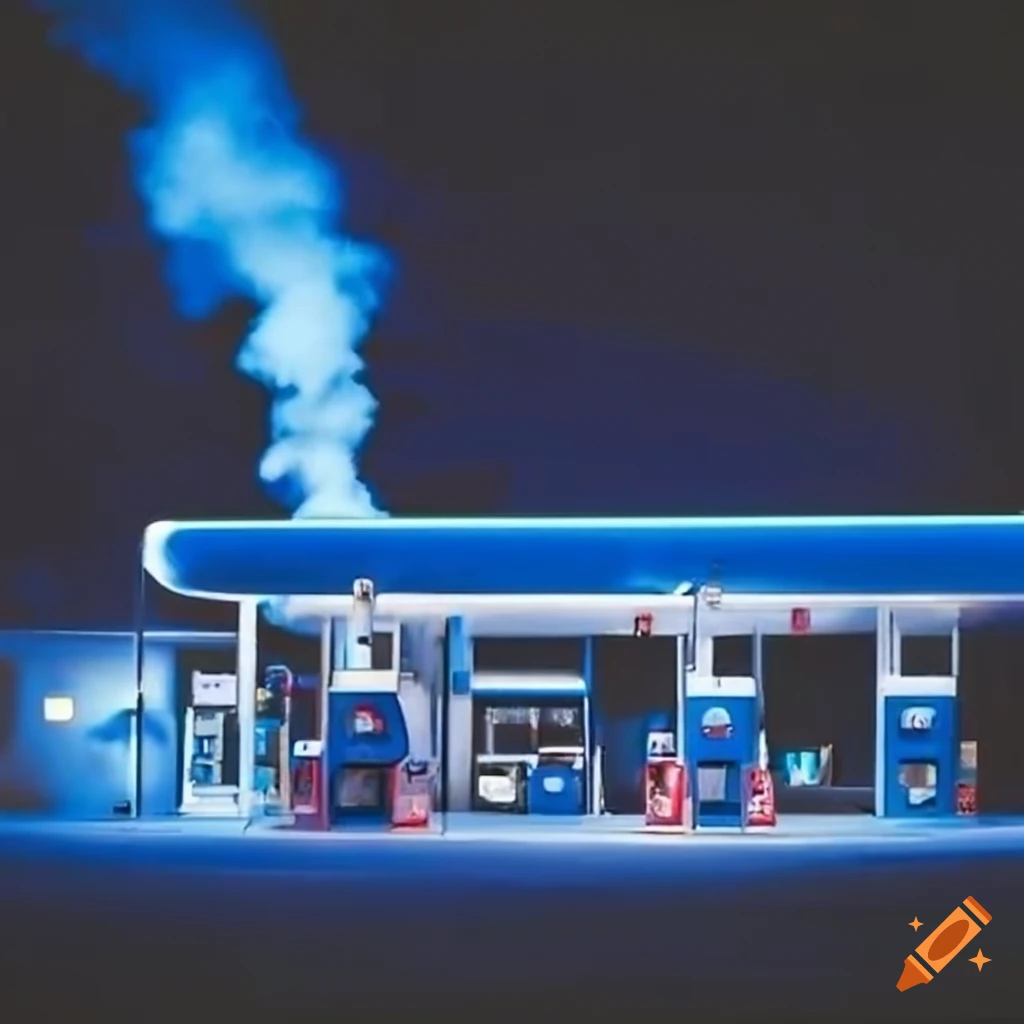 night view of a gas station engulfed in flames