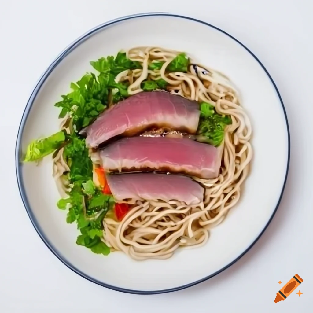 Tuna tataki sushi with soba noodles and special sauce on Craiyon
