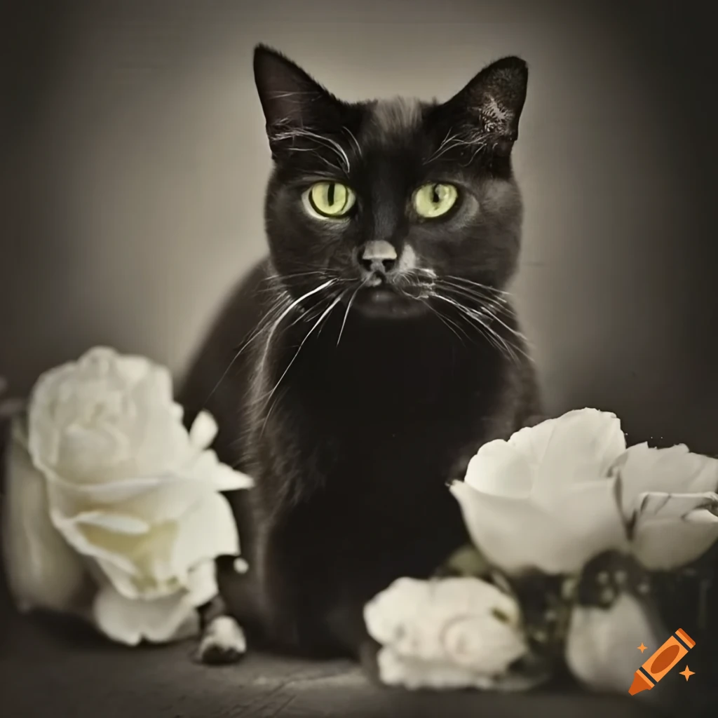 Black cat with white roses in a victorian era photograph on Craiyon
