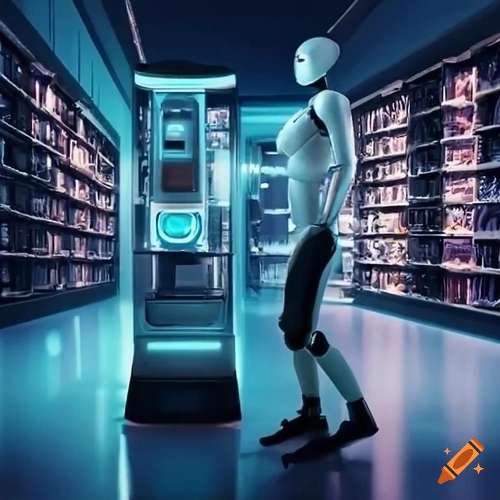 futuristic robots assisting humans in a store