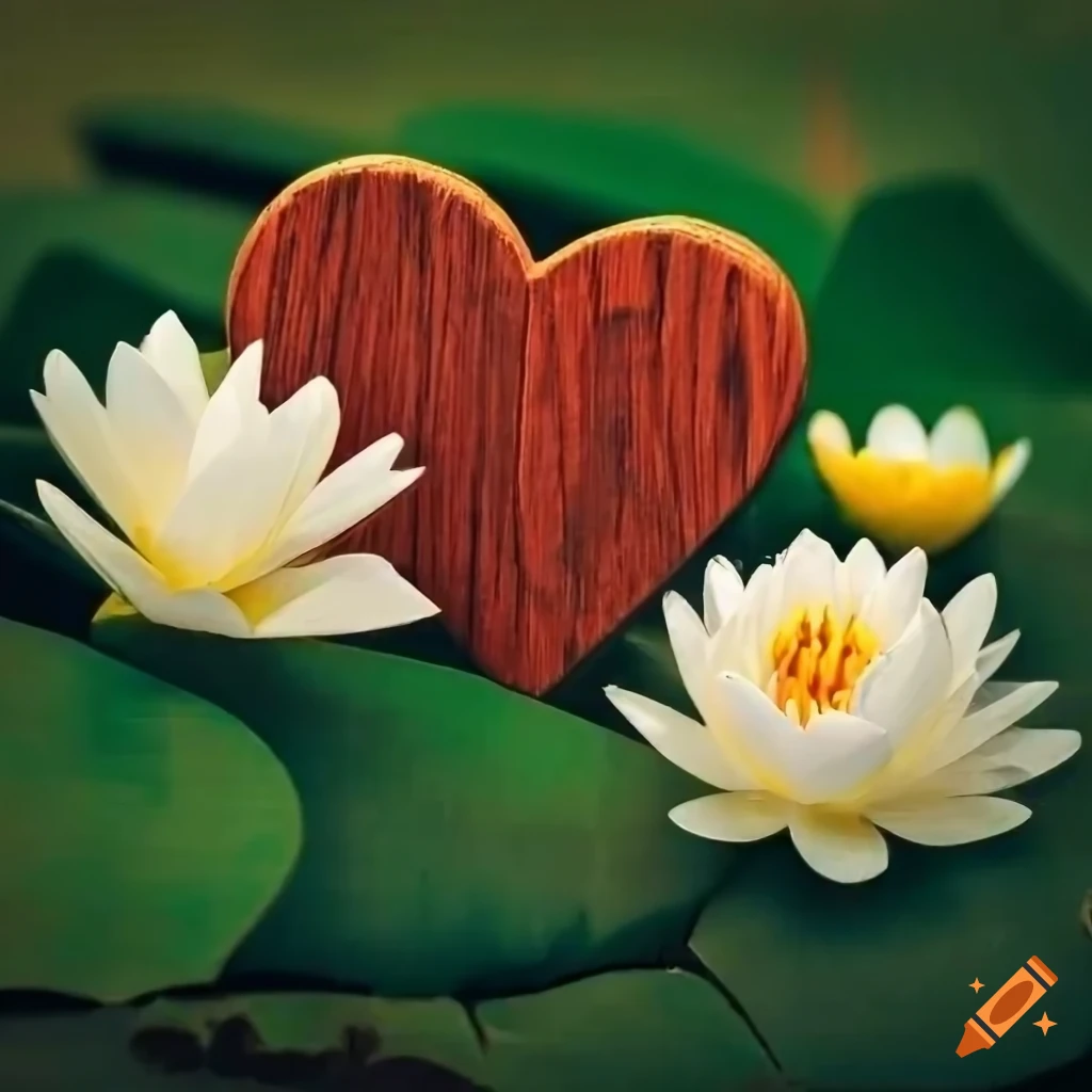 two wooden hearts with white water lilies