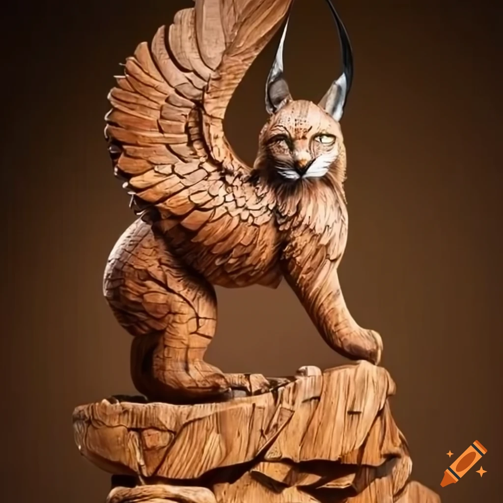 Wooden sculpture of a lynx with eagle wings