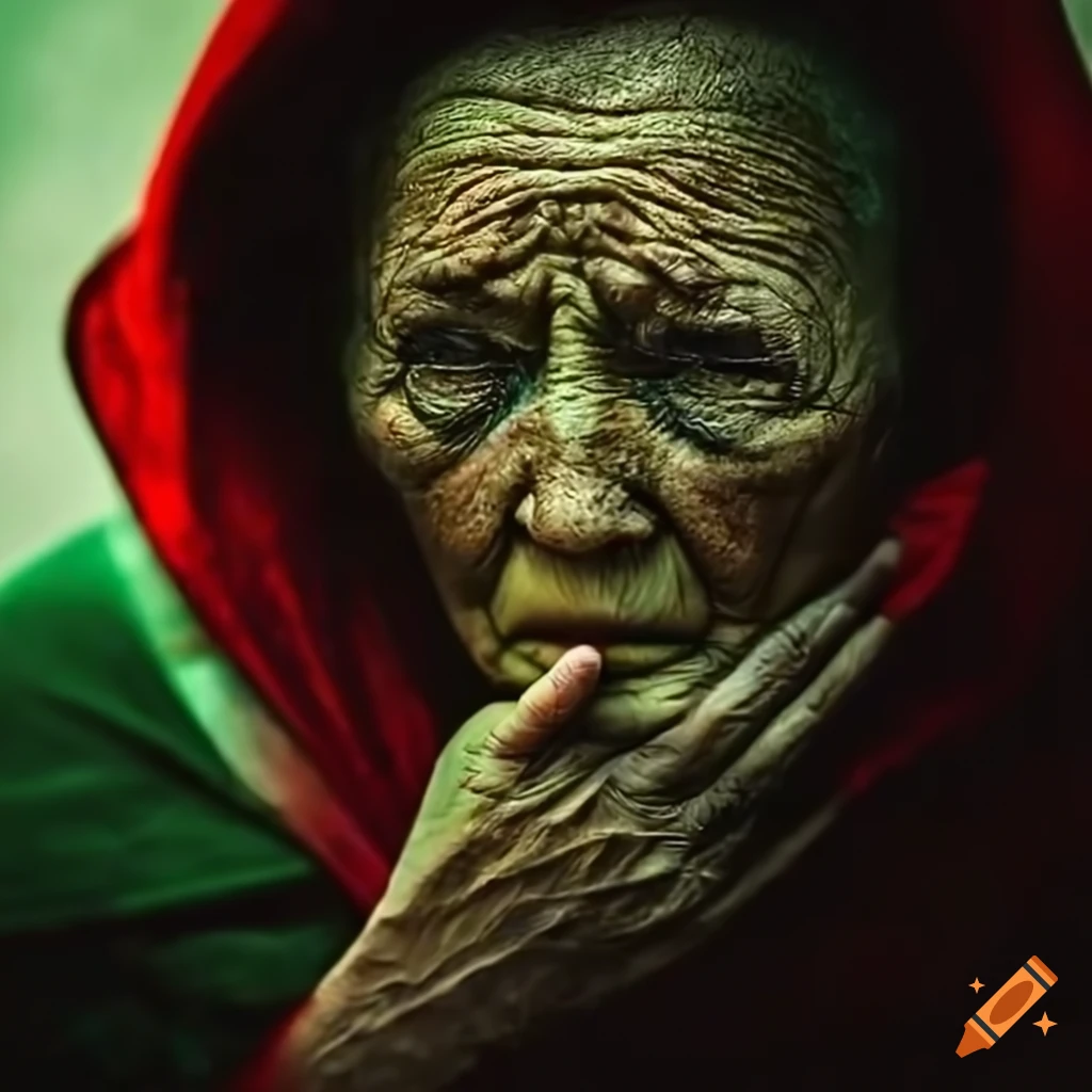 emotional elderly Middle Eastern woman with a triangle symbol