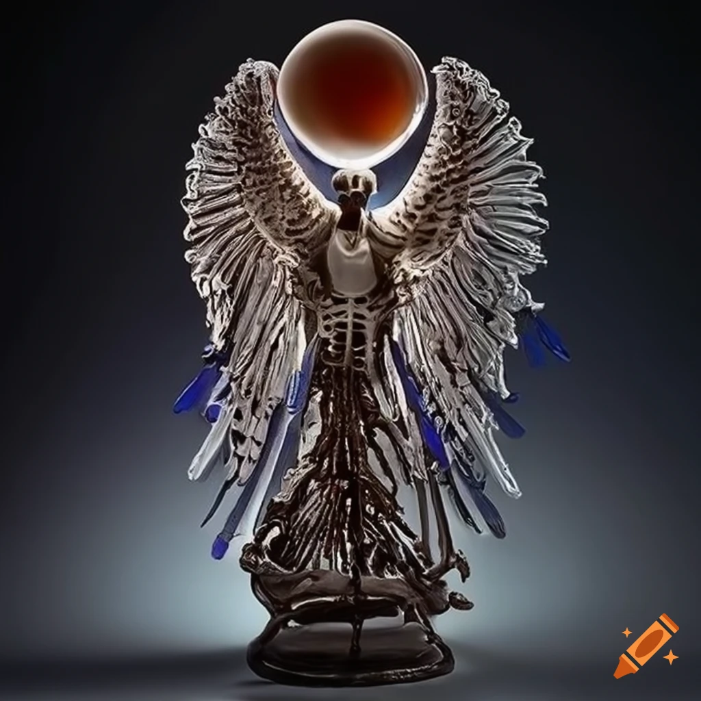 glass artwork of an angelic skeletal figure