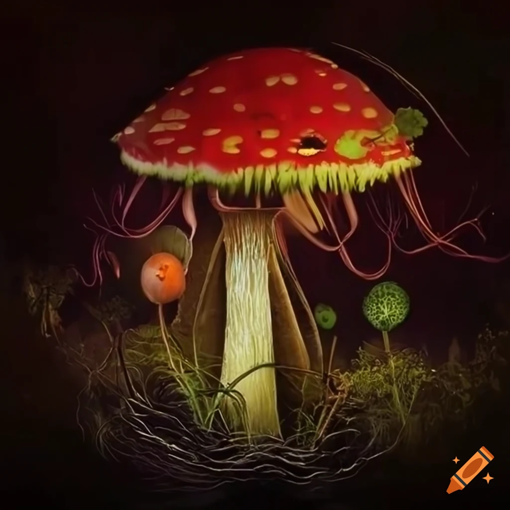 colorful fantasy world with mystical plants and musical instruments