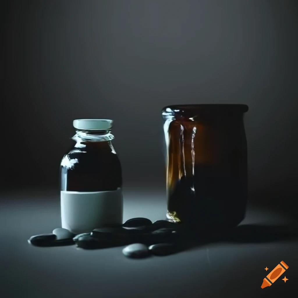bottle of black pills in a dark room