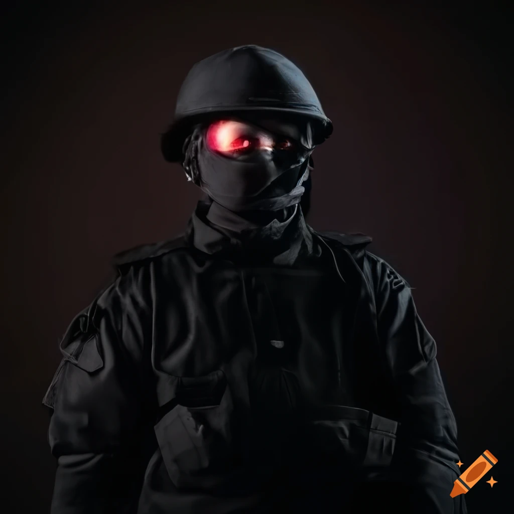 Soldier with intense red eyes on Craiyon