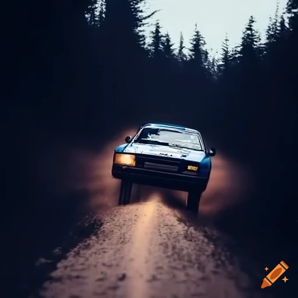 rally car drifting on gravel road with dust trail