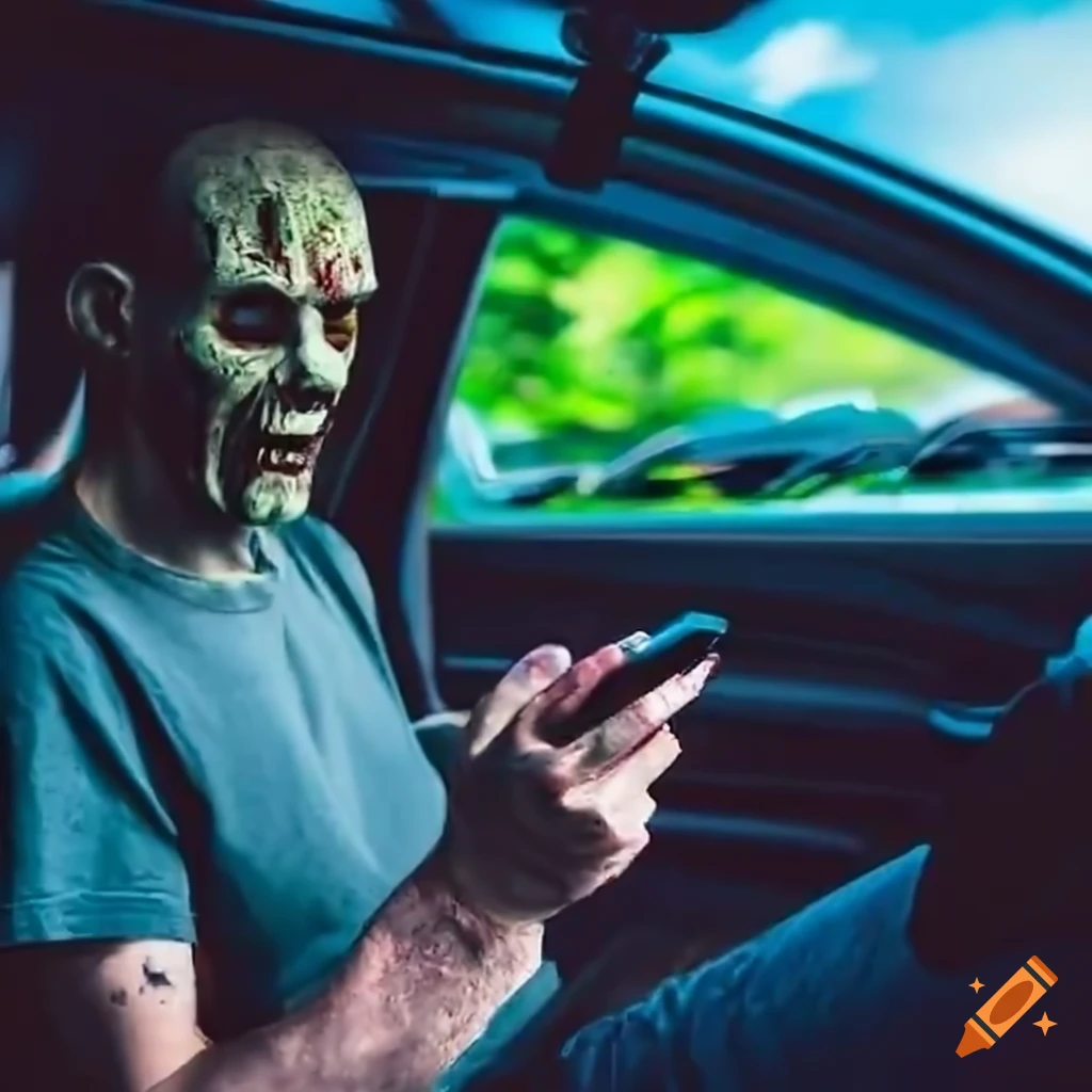 Zombie texting while driving in a car on Craiyon