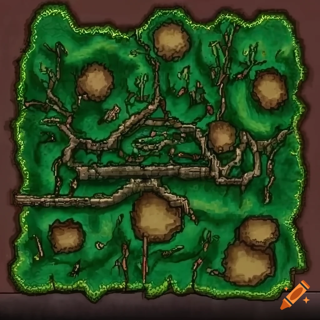Top-down d&d map of corrupted forest clearing in terraria style on 