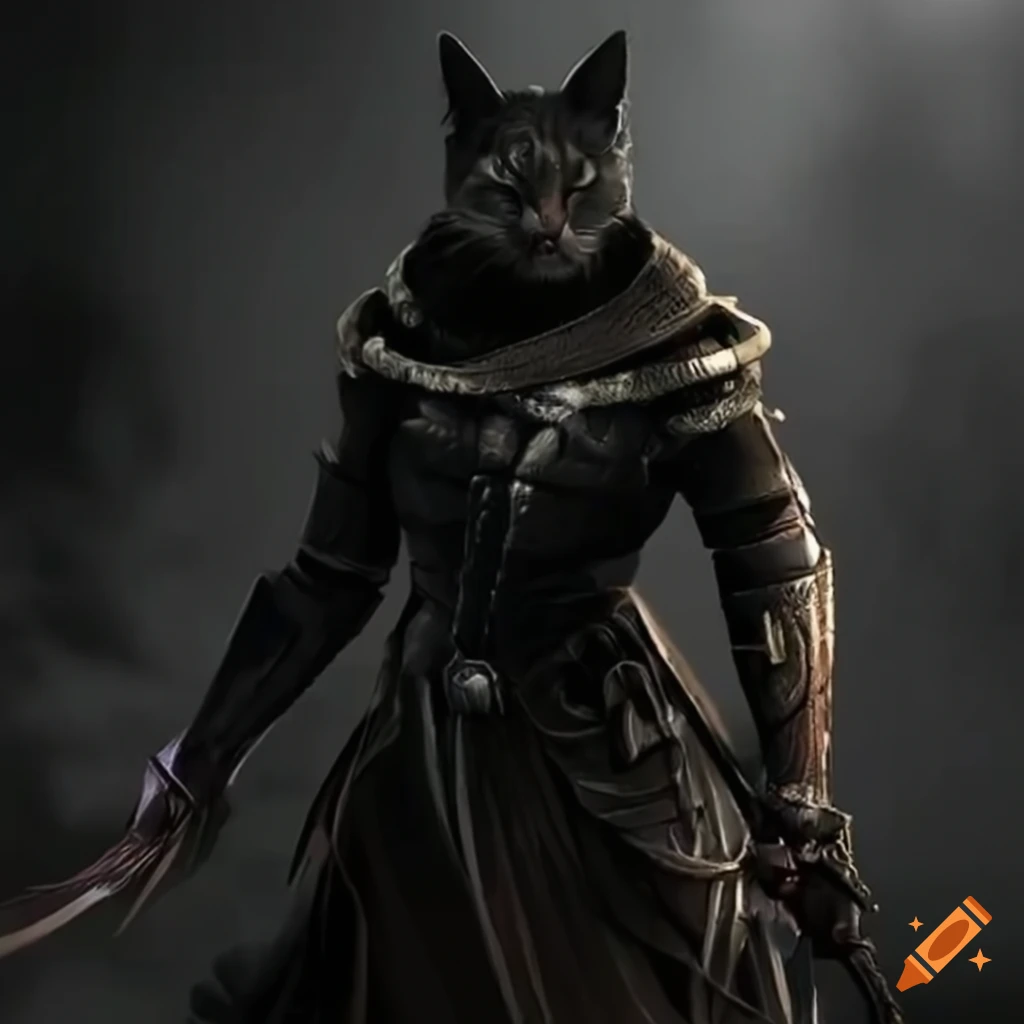 Illustration of a black warrior cat in armor on Craiyon