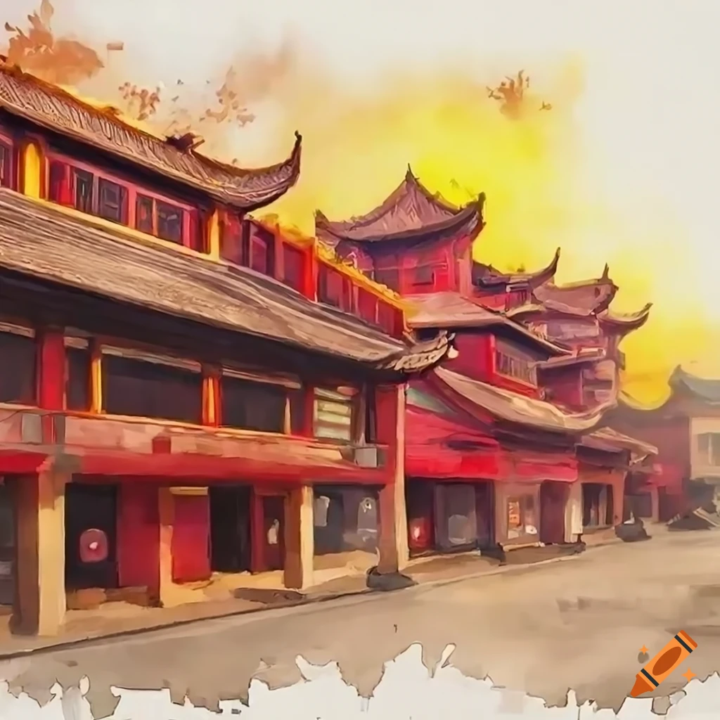 daytime view of a misty Chinese city street with red wood buildings