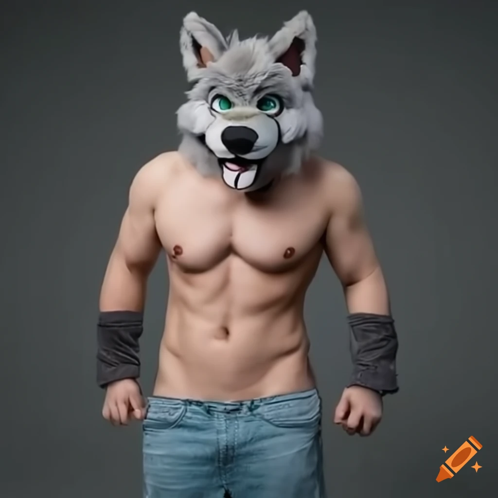 man in a gray wolf fursuit head