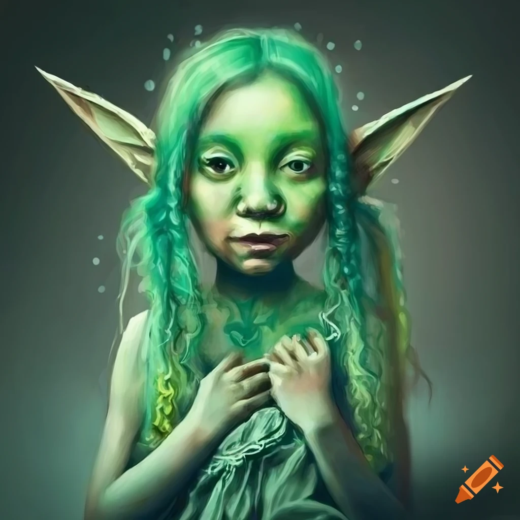 whimsical artwork of a green-skinned goblin girl in a cardboard box
