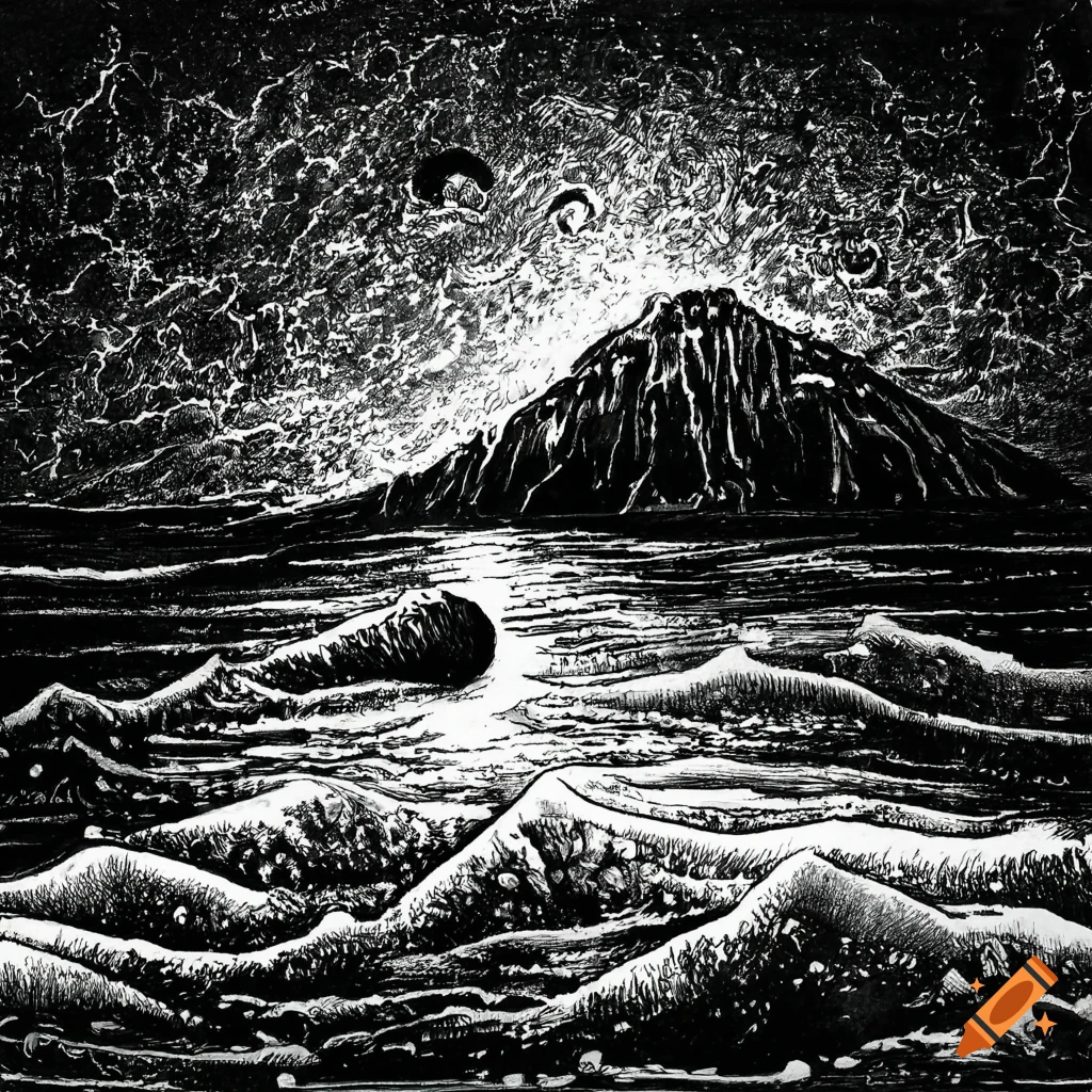 Black and white acid etching of a primordial landscape on Craiyon