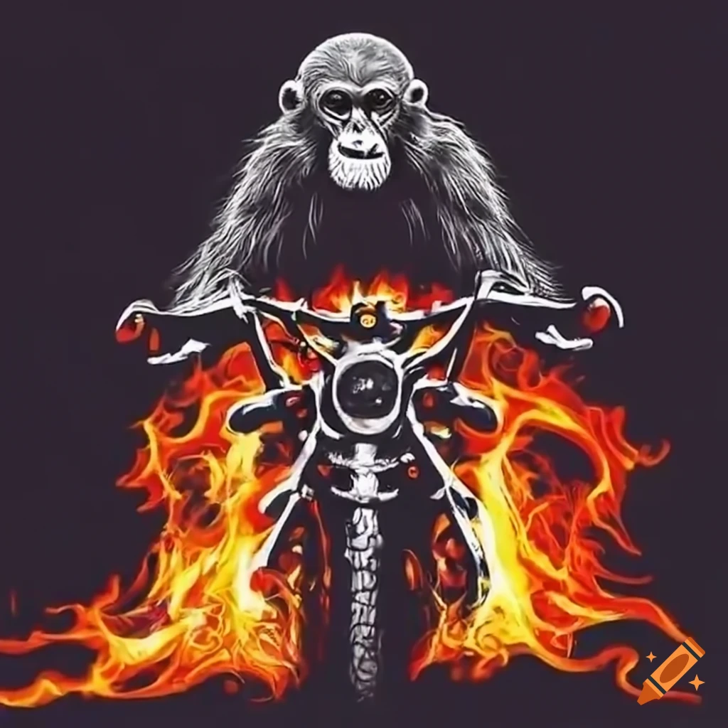 chimpanzee on a burning motorcycle
