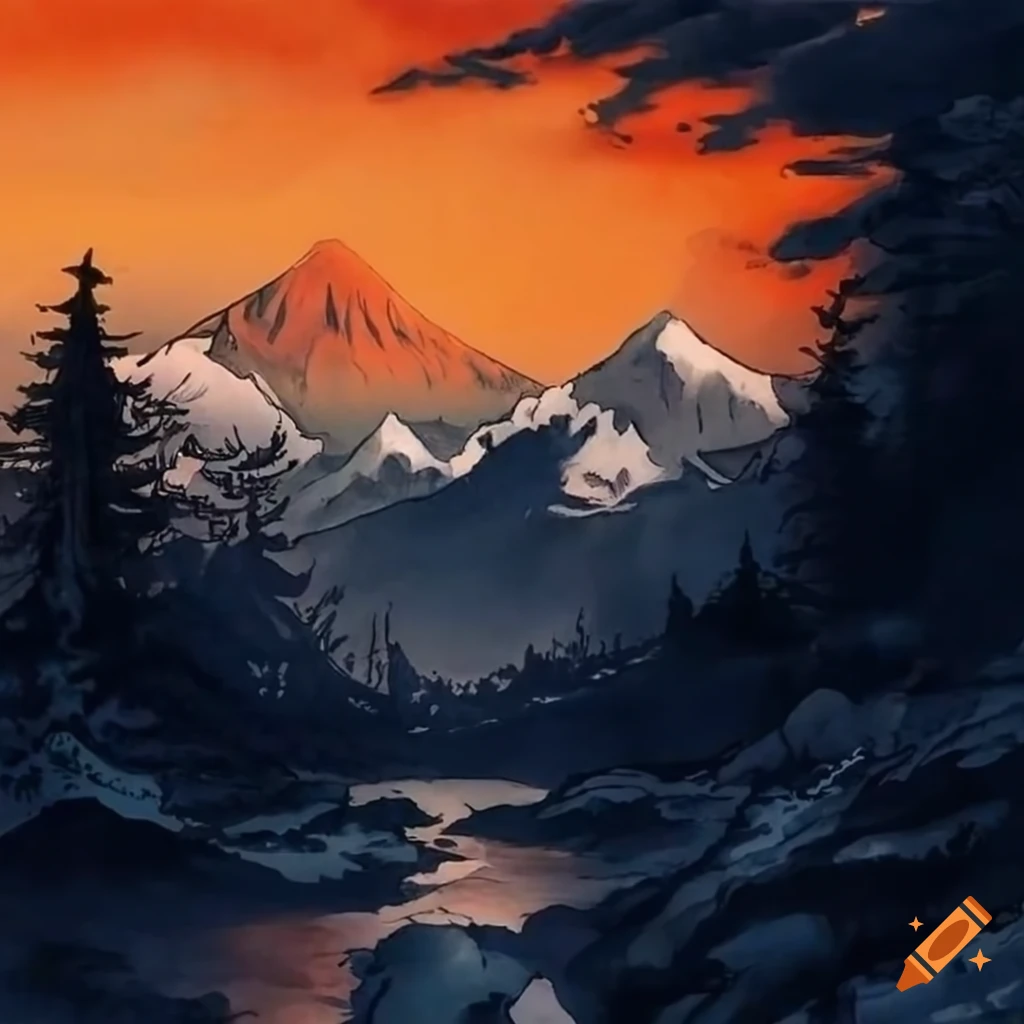 traditional Japanese ink wash painting of Colorado mountain