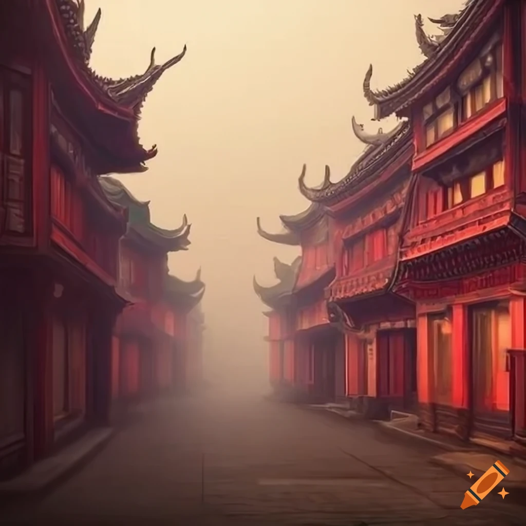 detailed fantasy city street with red wood buildings and golden roof tiles