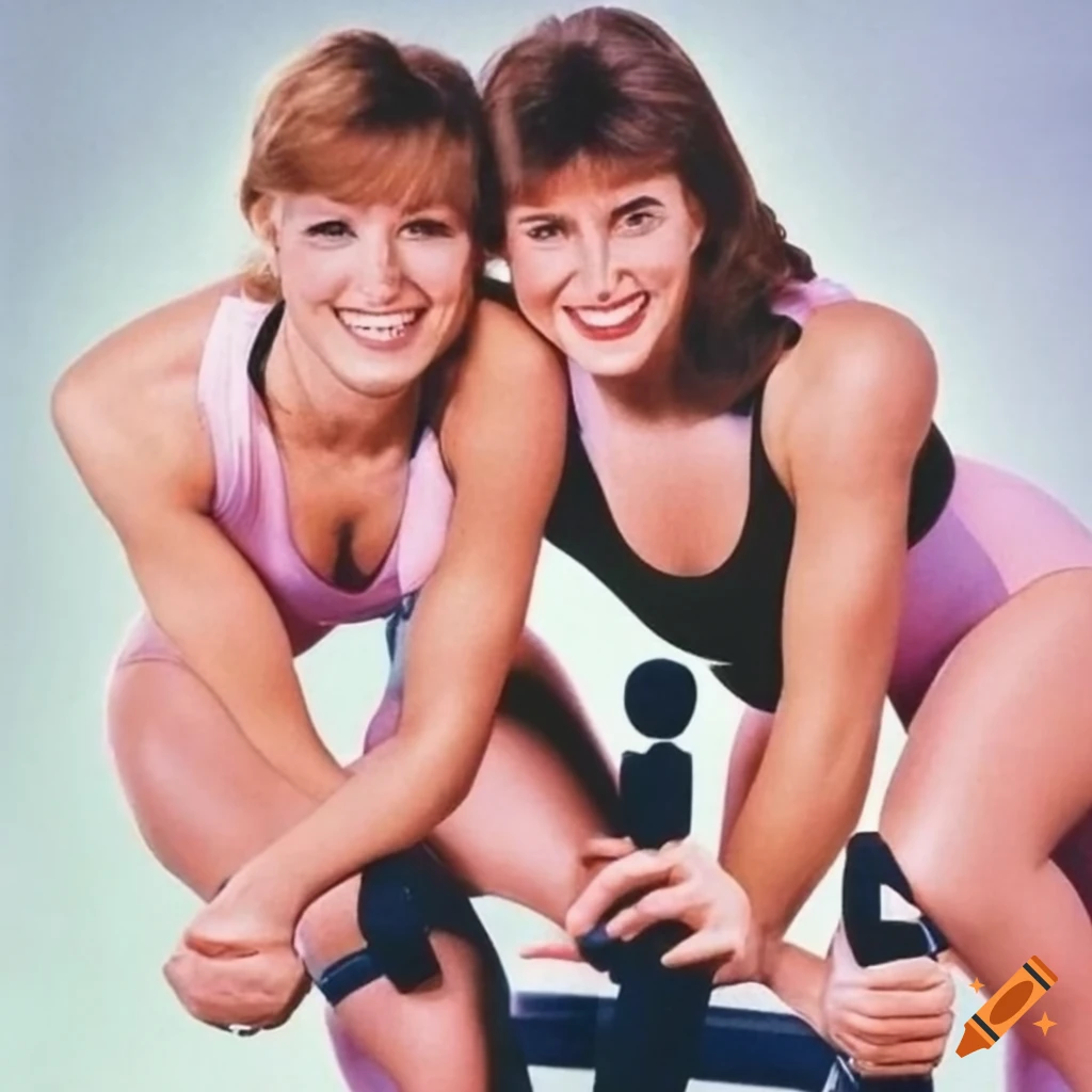 two women in pastel leotards hugging on an exercise bike