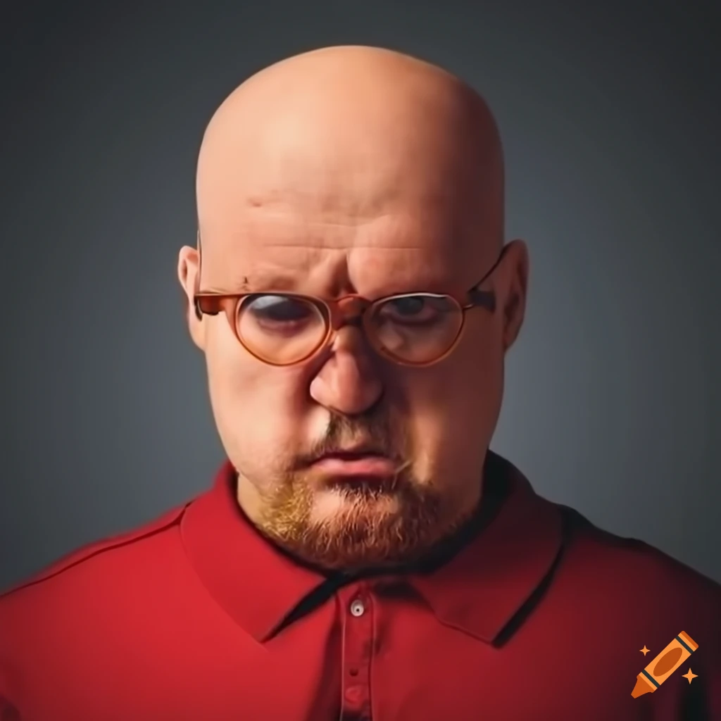 Portrait of an angry bald man in red polo shirt and tinted glasses on ...