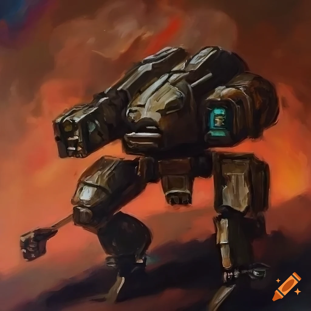 oil painting of a menacing mech with missiles